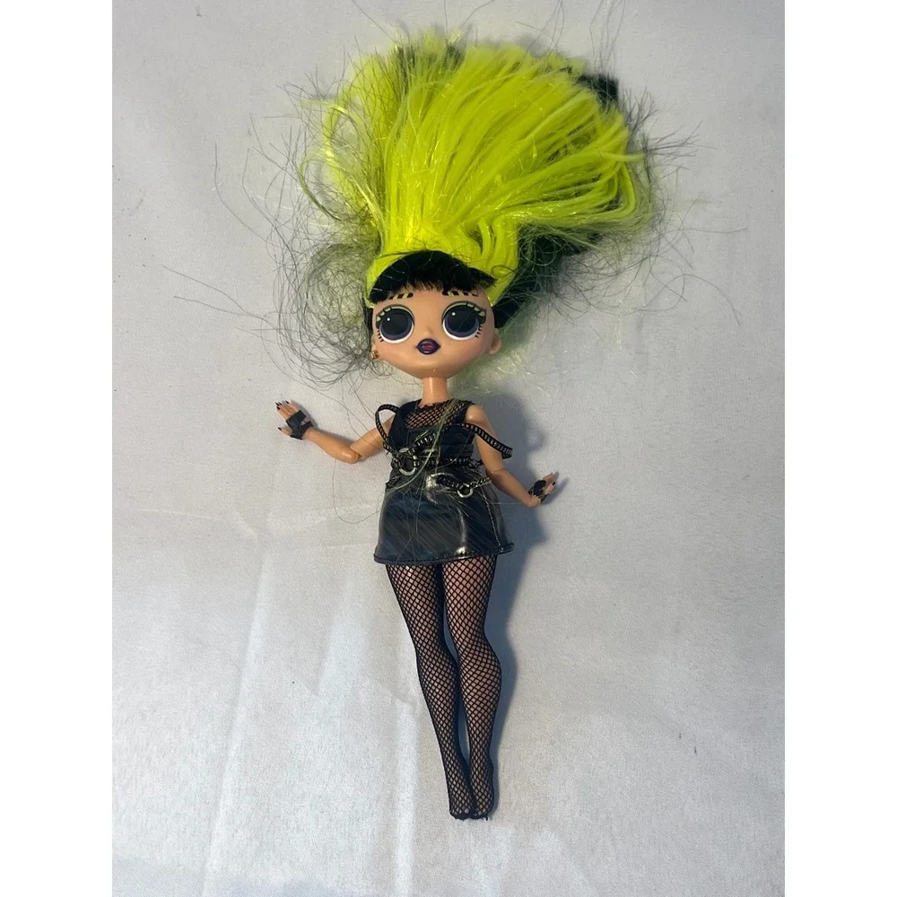 LOL Surprise Doll Fierce Punk Rocker Neon Hair Black Faux Leather Dress Fishnets